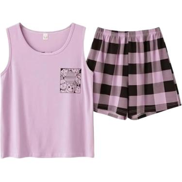 Imagem de Pijamas Pijamas Para Mulheres Conjunto De Pijamas De Verão Top Shorts Bonito Macio Sem Mangas Roupa De Dormir, Purple, M