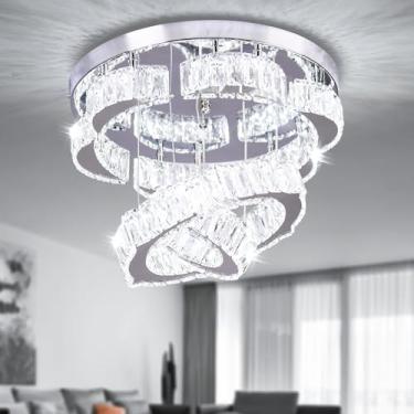 Imagem de xychfantligh Lustre de cristal moderno de 39,9 cm, flor LED, montagem embutida, 2 argolas, lustres redondos para sala de estar, sala de jantar, quarto (branco frio)