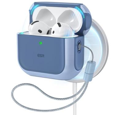 Imagem de Estojo ESR para AirPods 4, compatível com AirPods de 4ª geração (2024) (USB-C), compatível com MagSafe, proteção contra quedas, com cordão, tampa magnética, série Orbit Hybrid, azul