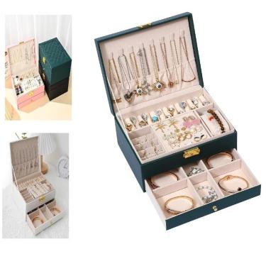 Imagem de Maleta Porta Joias Caixa Organizador Brincos Estojo Aneis Pulseiras Relogio Gaveta 2 Andares Viagem Cor:verde