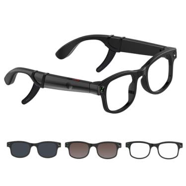 Imagem de Óculos inteligentes AI com câmera, óculos de tradução de idiomas em tempo real com lentes intercambiáveis 3 em 1 (luz azul/óculos de sol/marrom), óculos de gravação de vídeo 1080p com ganchos