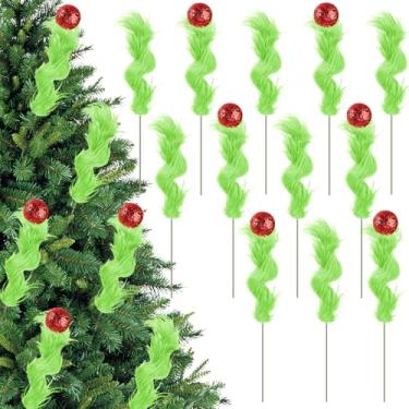 Imagem de 12 palhetas de árvore de Natal peludas, decoração verde limão, palitos de árvore encaracolados com bola vermelha de gliter, hastes verdes artificiais de Natal para decoração de guirlanda de casa de
