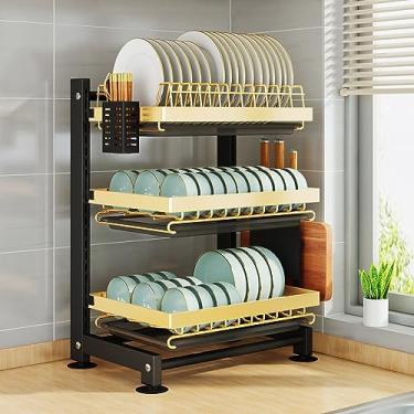 Imagem de WZYCLTT Escorredor de pratos com bandeja coletora, suporte para copos, suporte para utensílios, grande capacidade para bancada de cozinha, economizando espaço, 3 níveis (preto dourado)