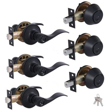 Imagem de (Pacote com 3) Conjunto de fechadura de maçaneta de porta frontal com chave semelhante com cilindro único, alavanca estilo onda, maçaneta da porta da frente/porta externa com trava e fechadura