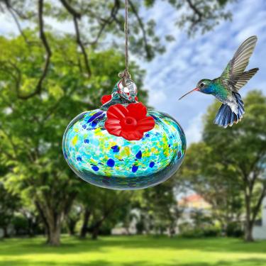Imagem de Alimentador de beija-flor de vidro soprado à mão, alimentador de néctar suspenso, jardim, quintal, 7,2 × 7,5 cm, garrafa decorativa para alimentação de pássaros