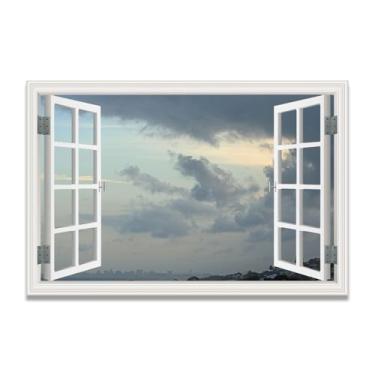 Imagem de LKXGRRSFG Tela falsa de janela com nuvens dispersas que economizam espaço, arte de parede cênica realista para quarto, casa, 50 x 75 cm, sem moldura