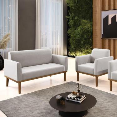 Imagem de Conjunto Poltrona E Namoradeira Decorativa Pés Fixo Em Madeira Castanho Veludo Cinza