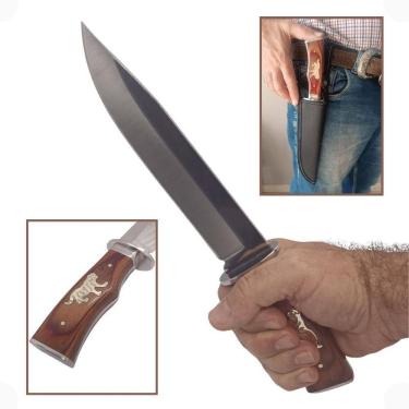 Imagem de Faca Inox Fulltang Cabo Madeira Tigre Bainha Churrasco Pesca