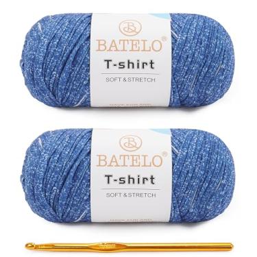 Imagem de BATELO Pacote com 2 fios de camiseta para iniciantes em crochê/cesta/porta-copos de 400 g/144 m de tecido elástico de poliéster grosso (azul estrelado)