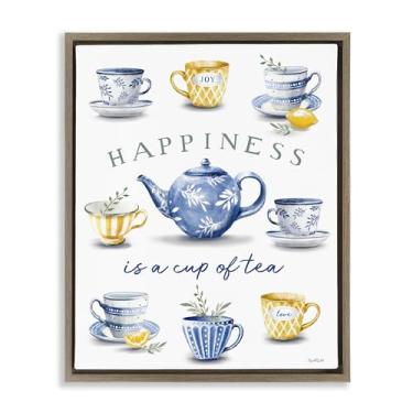 Imagem de Stupell Industries Happiness is a Cup of Tea Arte de parede em tela flutuante emoldurada preta, design por Elizabeth Tyndall, 53 x 43 cm