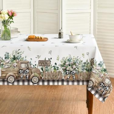 Imagem de Horaldaily Toalha de mesa retangular de 152 × 213 cm, cerca de eucalipto, algodão, caminhão, lavável, capa de mesa sazonal para decoração de festa, piquenique, jantar