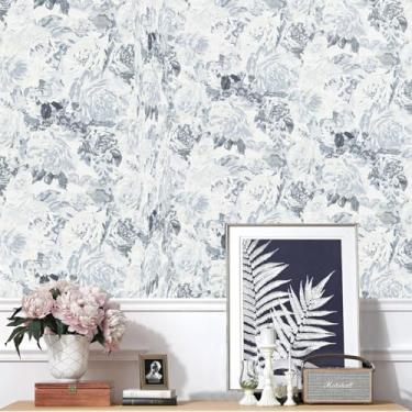 Imagem de Dimoon Papel de parede floral de 500,4 x 43,9 cm Boho azul branco papel de contato flor papel de parede removível para locatário amigável cozinha papel de parede prateleira forro de banheiro