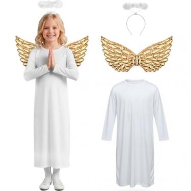 Imagem de Fantasia de Anjinho Infantil 3 Peças Túnica Branca Asa Anjo Metalizada e Auréola Roupa Natal Religiosa e Coroação (Branco e Dourado, M 5-8)