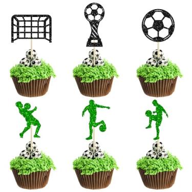 Imagem de 24 peças de topo de cupcake de futebol glitter bola de futebol palhetas de cupcake decorações de bolo esportivo tema de futebol festa de aniversário chá de bebê crianças meninos homens lembrancinhas