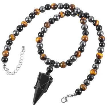 Imagem de Nupuyai Colar de proteção tripla, obsidiana preta natural, olho de tigre e colar de contas de hematita, pingente hexagonal para homens e mulheres, Pedra obsidiana preta, Pedra de obsidiana preta