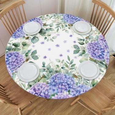Imagem de KiuLoam Toalha de mesa redonda de hortênsia azul e roxa com borda elástica primavera verão folha floral rústica toalha de mesa lavável reutilizável para cozinha interna piquenique festa cabe 114-127