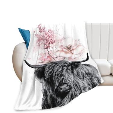 Imagem de Manta de vaca Highland de flanela quente, cobertor macio para sofá-cama, decoração de casa com estampa de animal fofo, lavável na máquina, A19,150 cm * 200 cm, 152.4 cm * 198.1 cm