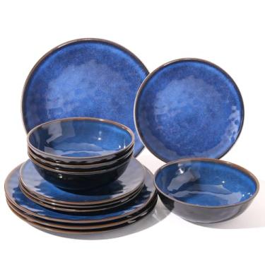Imagem de Conjunto de louça rústica de melamina de 12 peças – Serviço para 4, louça leve com pratos e tigelas, para uso interno e externo, pratos e tigelas de cozinha inquebráveis (4, azul)