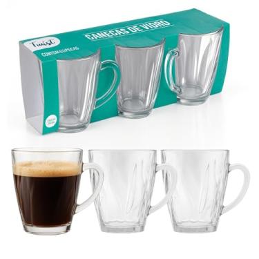 Imagem de Conjunto 3 Canecas de Vidro Twist 230ml – Xícaras Para Casa e Escritório para Café, Chá e Bebidas Quentes – Design Elegante, Transparente e Durável