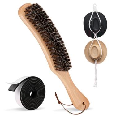 Imagem de Kit de 3 pincéis de feltro de crina de cavalo, inclui escova de chapéu de cowboy para limpeza, cabide de chapéu de cowboy para parede, rolo de fita para chapéu de 150 cm - para Fedora, bonés de