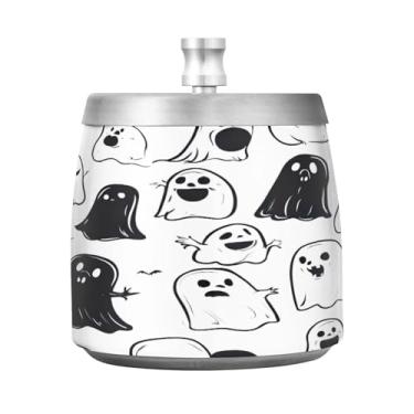 Imagem de Qilmy Cinzeiro fofo de aço inoxidável com tampa com estampa de desenho animado de Halloween - Cinzeiro de cigarro à prova de vento sem cheiro sem fumaça para casa, escritório, carro, pátio, varanda
