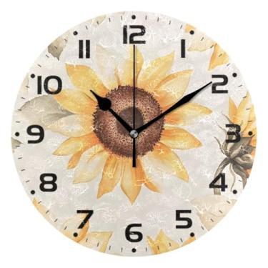 Imagem de JUZIHAI Relógio de parede girassóis silencioso, sem tique-taque, redondo, operado por bateria, fácil de ler, relógio decorativo de parede para casa, cozinha, sala de estar, quarto, escritório, 25 cm