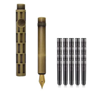 Imagem de SIPLIV Caneta-tinteiro de bronze com bolso curto de parágrafo, minicaneta-tinteiro de viagem com 20 cartuchos de tinta preta - retângulo, ponta fina de irídio (0,50 mm)