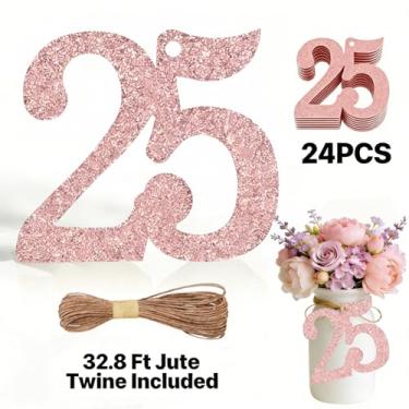 Imagem de ALISSAR 24 peças de etiquetas com 25 números de ouro rosa com barbante de juta de 90 metros – decorações de aniversário de 25 anos, artigos de festa de 25 anos, peças centrais de pote de pedreiro, kit