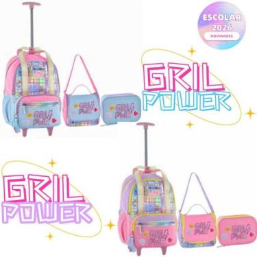 Imagem de Kit Mochila Carrinho Holográfica Girl Power Escolar Juvenil Passeio Es