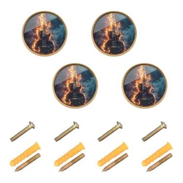 Imagem de ODAWA Flaming Guitar Fire Pacote com 4 puxadores decorativos de gaveta para cozinha, banheiro, ferragens com parafuso