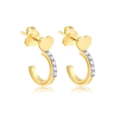 Imagem de Brinco Meia Argola Coração Pedras Zircônia Folheado A Ouro - Radhau Jo