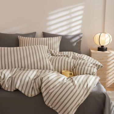 Imagem de LifeTB Conjunto de capa de edredom queen listrada cinza, 100% algodão lavado, estampa de listras brancas e cinza, 3 peças, conjunto de cama listrada de fazenda, capa de edredom respirável com laços