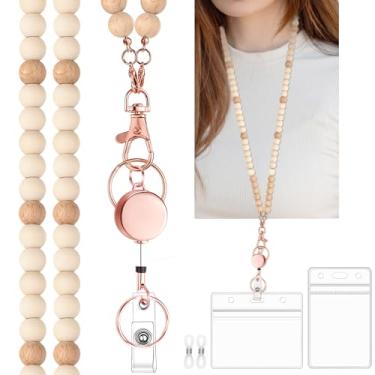 Imagem de Cordão de professor com suporte de identidade, lindos cordões de contas de madeira para crachás de identidade, porta-crachás retráteis, chaves, correntes de óculos para mulheres