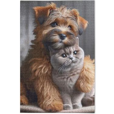 Imagem de Quebra-cabeça personalizado terrier cachorro gatinho gato para adultos 500 peças presentes de festa elefante branco natureza grande quebra-cabeça animal arte impressão, 52 cm x 37,8 cm