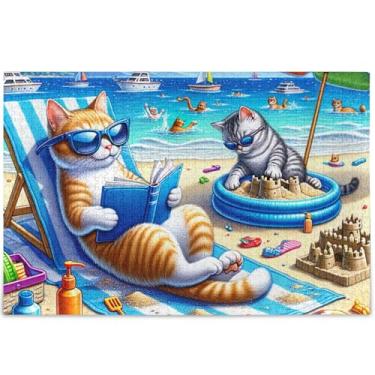 Imagem de Engraçado gato praia adulto quebra-cabeças 1000 peças quebra-cabeça brinquedo arte legal exclusivo quebra-cabeças presentes personalizados para amantes de quebra-cabeça, 75 cm x 50 cm
