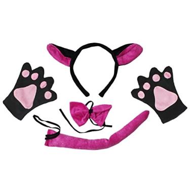 Imagem de Faixa de cabelo de lobo rosa choque luvas cauda gravata borboleta 4 peças fantasia para festa de aniversário infantil (rosa choque)
