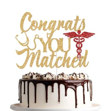 Imagem de Congrats You Matched Cake Topper, Happy Match Day, Congrats on Matching, Decorações de Dia de Residência, Decorações de Festa de Graduação em Escola de Medicina/Enfermagem, Glitter Dourado e Vermelho