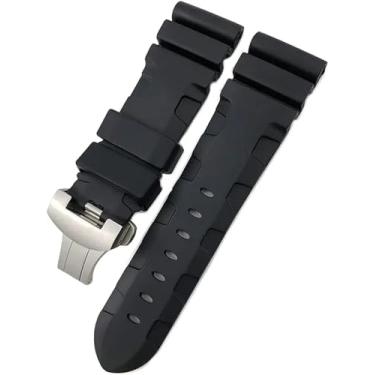 Imagem de SRDRK Pulseira de relógio de borracha de silicone de 24 mm e 26 mm adequada para Panerai luminária submersível PAM verde azul à prova d'água (preta dobrável, 24 mm)