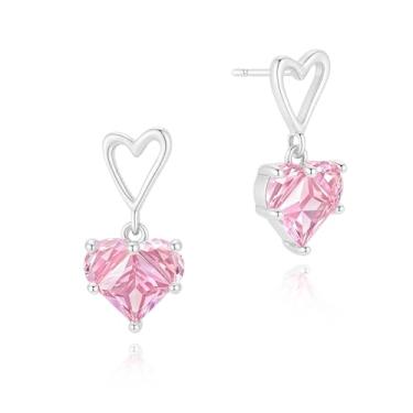 Imagem de VRIUA Brincos pendentes femininos – Brincos de coração banhados a ouro 14K delicados brincos de coração rosa fofo brinco longo de casamento joia hipoalergênica presente de dia dos namorados para ela