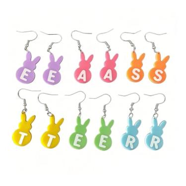 Imagem de 6 pares de brincos de coelhinho da Páscoa para mulheres, fofo, colorido, acrílico, letra, coelho, pingente, conjunto de joias de festa de primavera, presente para Páscoa, no, Acrílico, Sem pedra