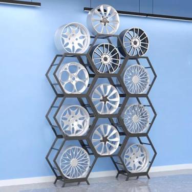 Imagem de Rack de exibição de aro de pneu empilhável - Suporte de roda de metal para garagem e showroom, suporte de armazenamento de pneu de 9 quadros com 2 bases, solução ideal de organização e exibição de