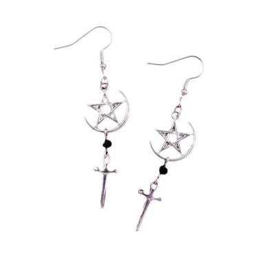 Imagem de Brincos Góticos Punk Com Estrela E Lua, Franjas, Cor Prata, Joias De F
