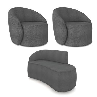 Imagem de Sofá 2 Lugares Orgânico 140cm Morgan e 2 Poltronas Lua Bouclê Grafite D03 - D'Rossi