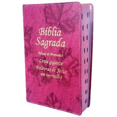 Imagem de Bíblia Sagrada da Mulher Letra Gigante Capa de Couro Pink Folhas Crist