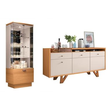 Imagem de Conjunto Cristaleira com Adega e Buffet Aparador com Bandeja Lateral Peggy-Noeli G26 Cinamomo-Off White Gran Belo