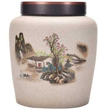 Imagem de Pote de chá para armazenamento doméstico selado de cerâmica de 13,2 cm suporte de chá padrão paisagismo