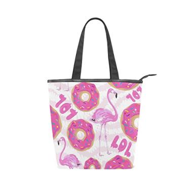 Imagem de Bolsa feminina de lona durável rosa flamingos donut grande capacidade sacola de compras bolsa de ombro