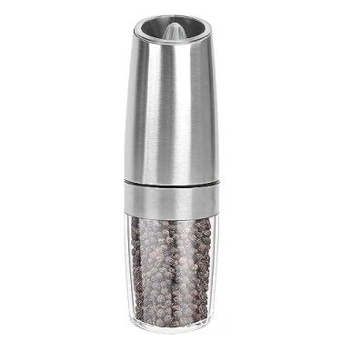 Imagem de Moedor de pimenta elétrico, moedor elétrico de sal e pimenta por gravidade, moinho de pimenta automático em aço inoxidável, operado por bateria com espessura ajustável, luz LED azul, prata operado com uma mão