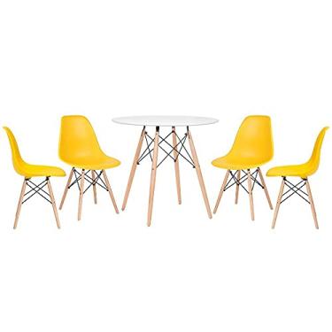 Imagem de Loft7, Kit - Mesa redonda Eames 80 cm branco + 4 cadeiras Eiffel Dsw Amarelo