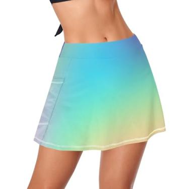 Imagem de CHIFIGNO Saia de banho feminina de cintura alta casual elástica atlética roupa de banho com calcinha, Gradiente multicolorido pastel, GG